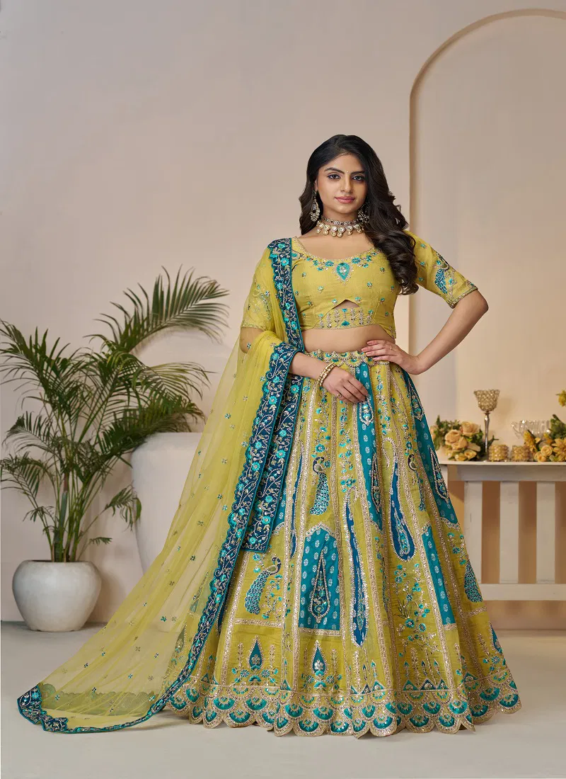 Kf 484 Yellow Banarasi Silk Embroidered Lehenga Choli Exporters In India